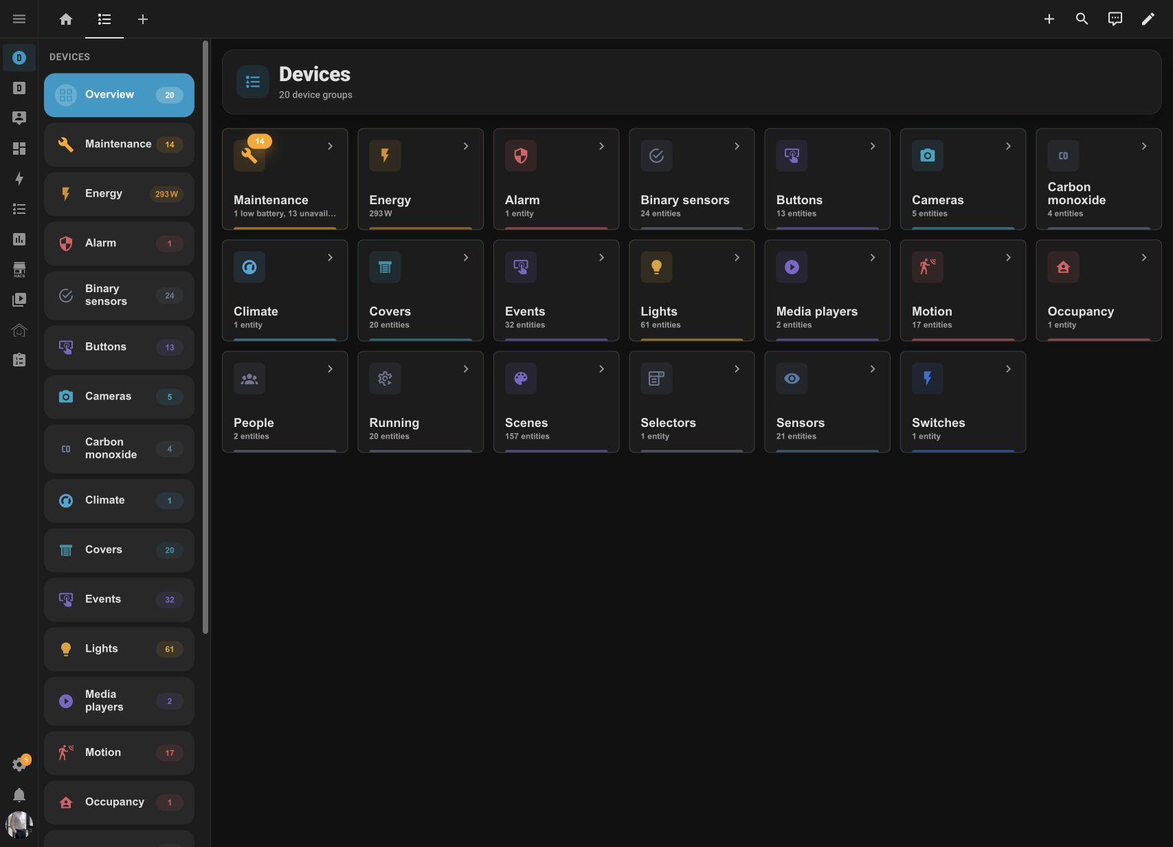 Devices overview in dark mode