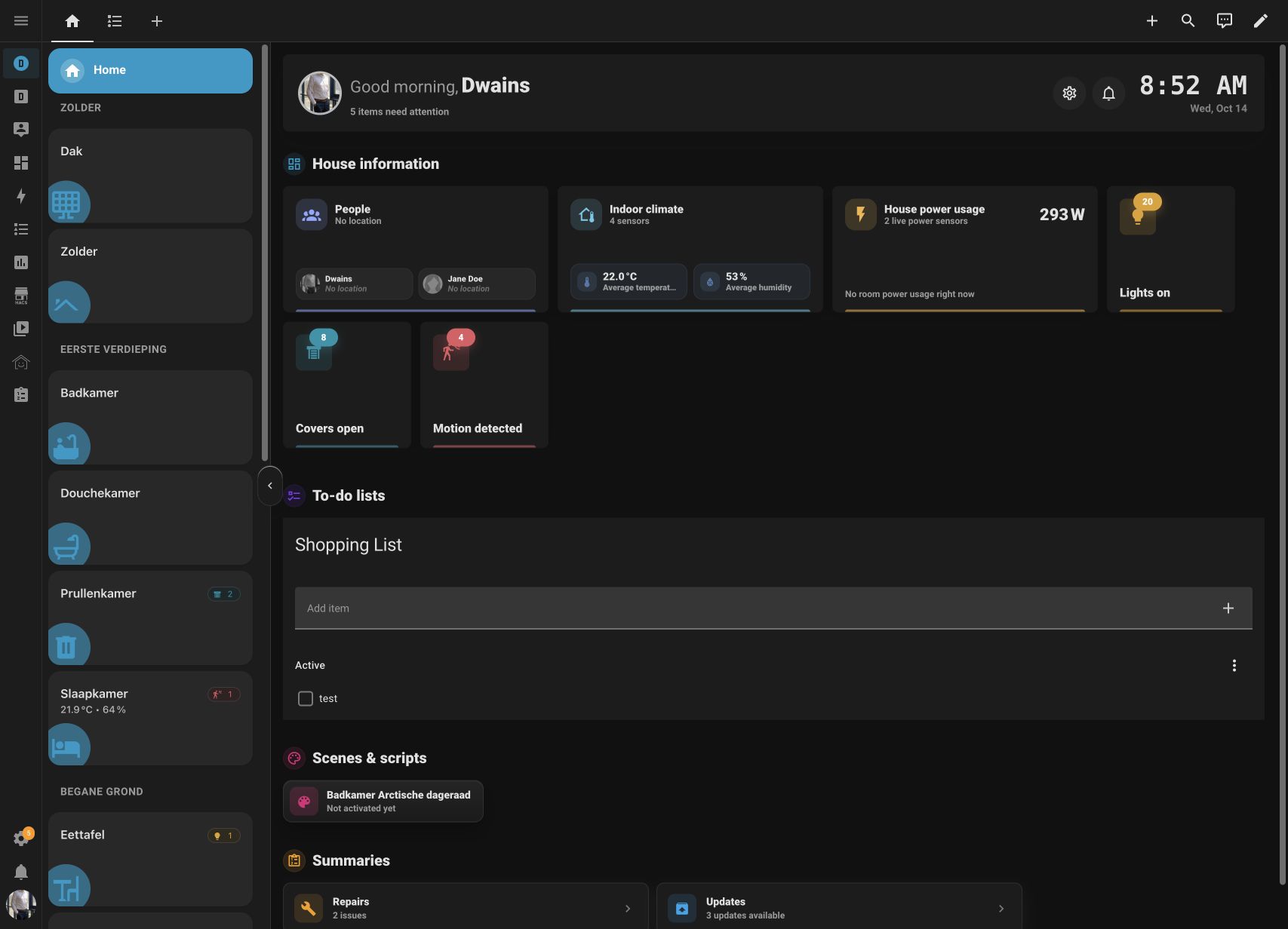 Home overview in dark mode