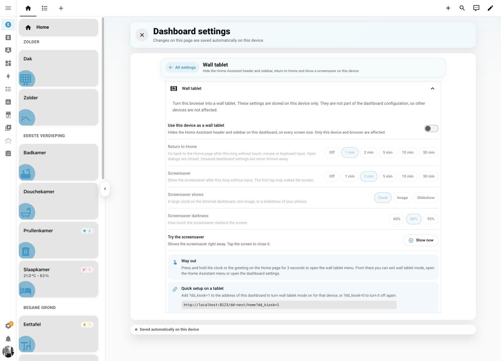 Per-browser wall tablet and screensaver settings